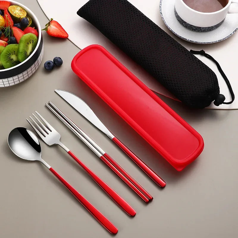Portable Travel Utensils Set with Case Stainless Steel Knife Forks Spoons Chopsticks for Lunch Box Office Picnic Dinnerware Use